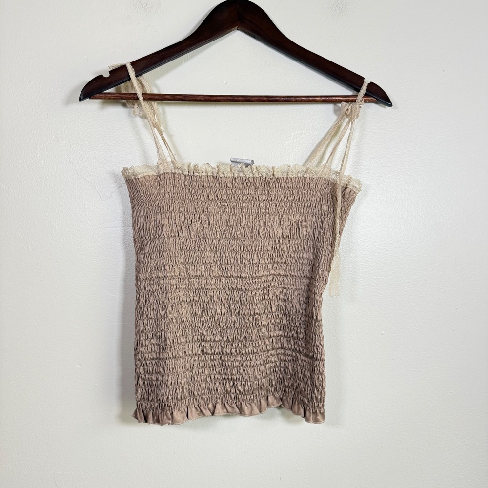 Intimissimi Smocked Lace Trim Tie Strap Camisole Top Size Medium Taupe Champagne